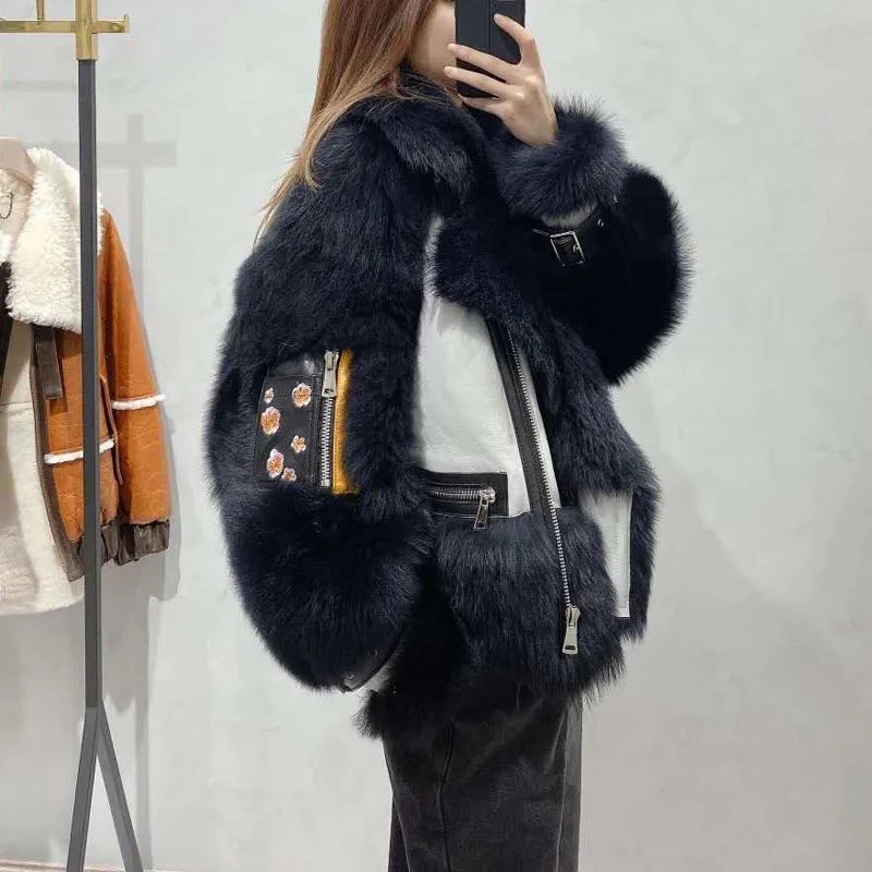 

Short Winter Coat Women Clothes 2021 New Arrival Thick Warm Natural Real Sheep Fur Jacket Long Sleeves Printed Patterns + FN0074