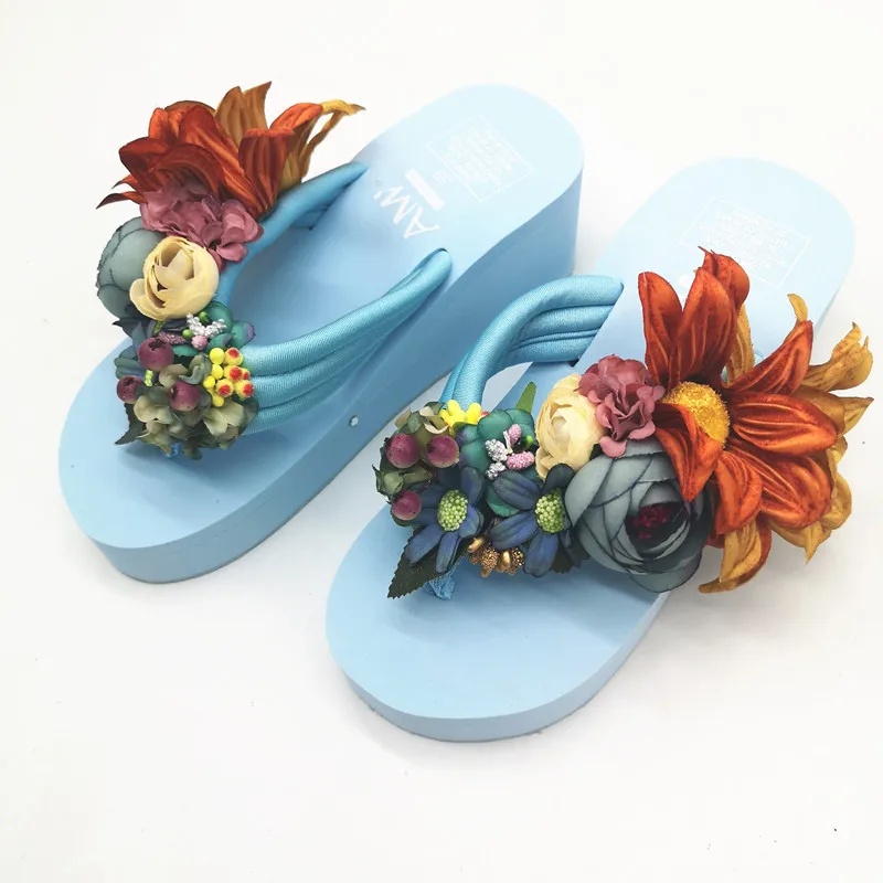 Женские летние шлепанцы HAHAFLOWER синие пляжные на танкетке с цветочным принтом