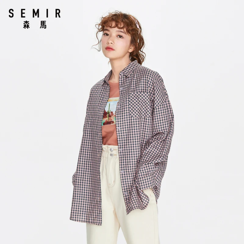 

Блузка SEMIR Женская с длинным рукавом, свободная и дышащая длинная индивидуальная Модная рубашка в клетку, 2020