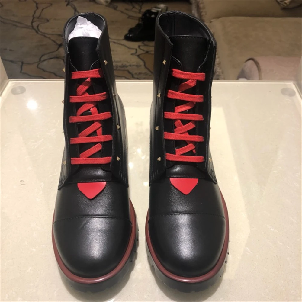 Women Luxury Designer Brand Genuine Leather Cow Boots Female Winter Short Round Toe Lace-up Shoes Size35-41 | Обувь