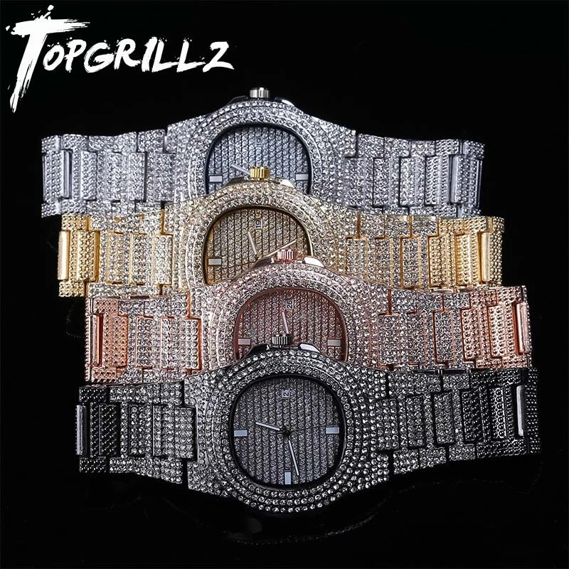 TOPGRILLZ Brand Iced Out Diamond Watch Quartz Gold HIP HOP Watches With Micropave CZ Stainless Steel Watch Clock relogio mens brand iced out micropave diamond watch quartz platinum hip hop watches with stainless steel vacheron male watch clock hours