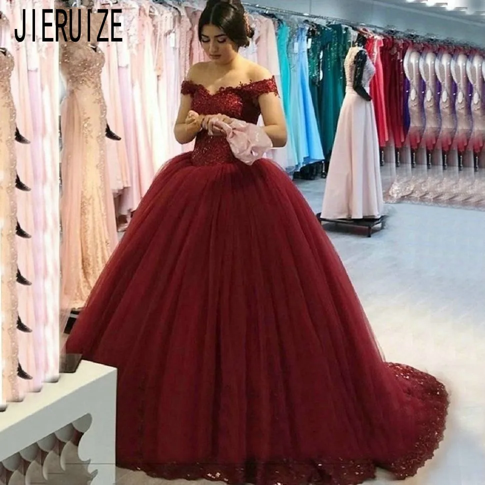 

JIERUIZE Luxury Burgundy Tulle Wedding Dresses Off the Shoulder Lace Appliques Princess Ball Gown Bridal Gowns vestido de noiva