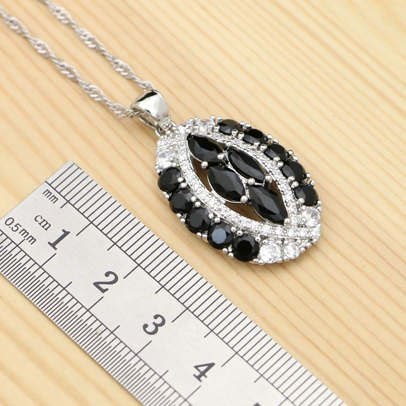 Женские Ювелирные наборы с черными камнями серьги/кулон/ожерелье/кольцо белым