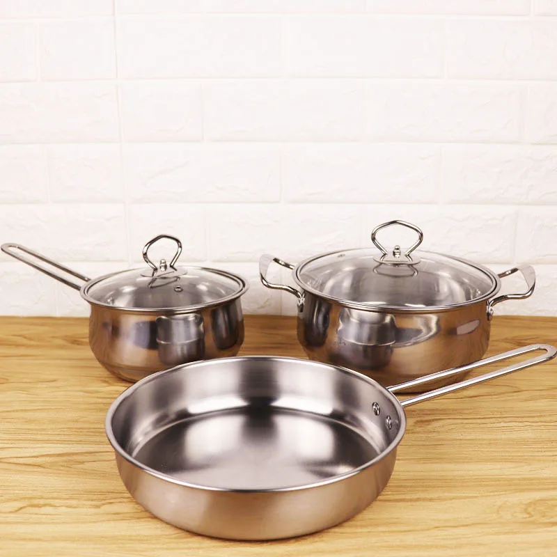 

Stainless steel kitchenware set thickened stew pot milk pan flat frying pan three piece set with transparent glass lid kitchen