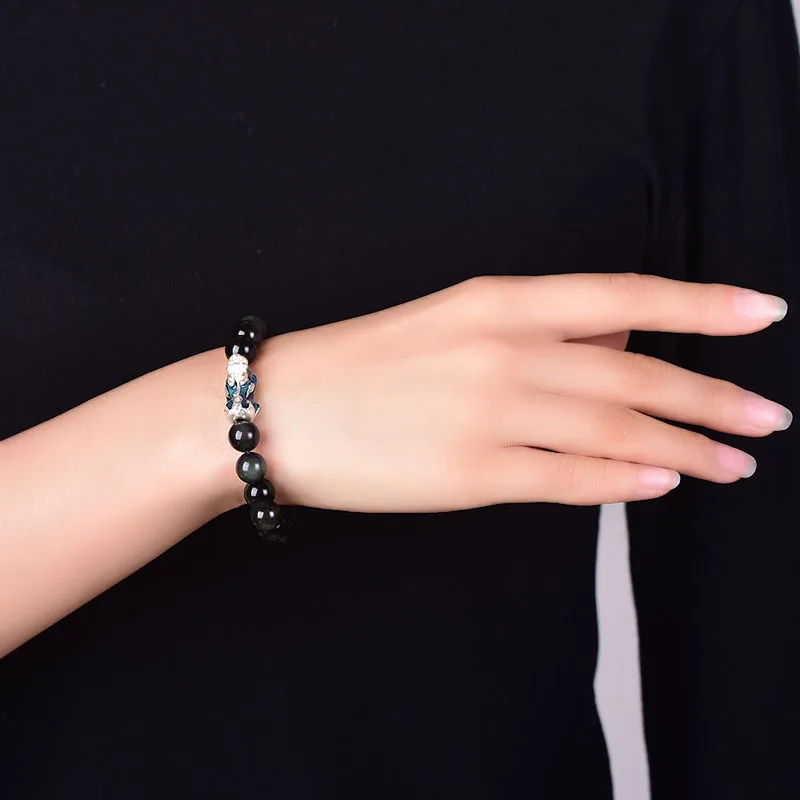 Браслет из натурального обсидиана с бусинами 999 Стерлинговое Серебро храбрые