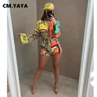 Женский комплект из 2 предметов CM.YAYA, рубашка с расклешенными рукавами и принтом, топ и шорты на завязках, Модный летний спортивный костюм с принтом