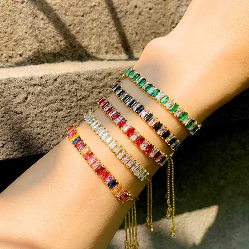 

Charm Female Rainbow Crystal Stone Bracelet Yellow Gold Color Chain Bracelets For Women Vintage Square Zircon Wedding Bracelet