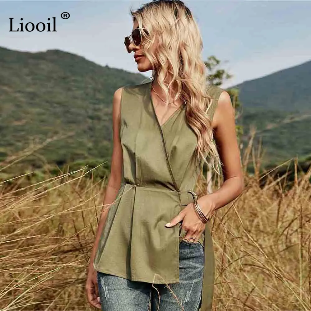 

Майка Liooil женская с поясом, пикантный топ в стиле пэчворк, без рукавов, с V-образным вырезом, болотный цвет, уличная одежда, 2022