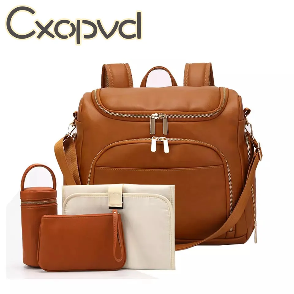 

PU Leather Baby Nappy Diaper Bag Backpack+Changing Pad+Stroller Straps+Insulation bag+Cosmetic bag
