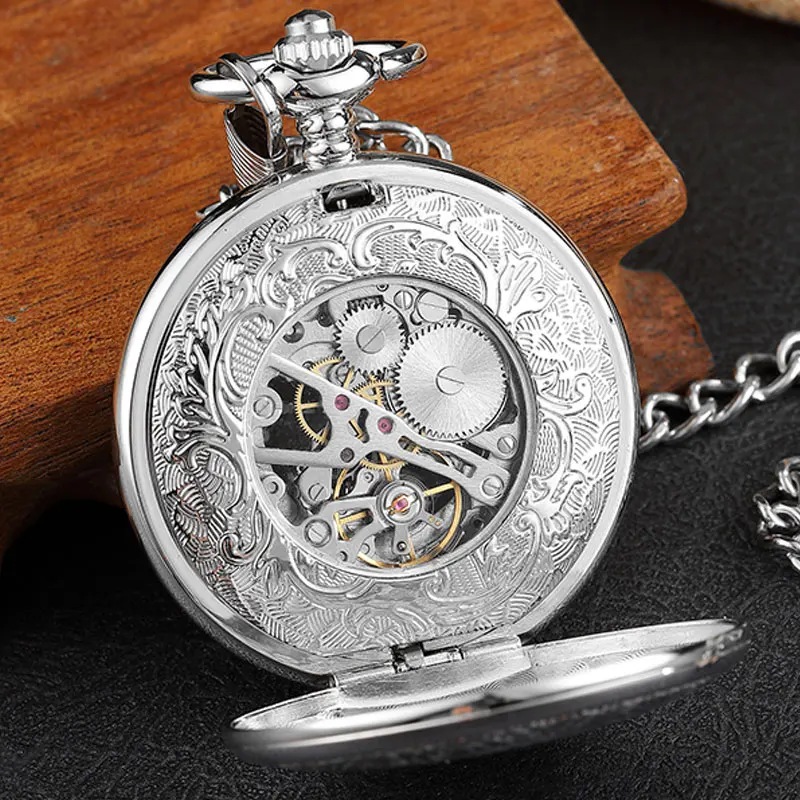 Vintage Silver Hand Wind Mechanical Pocket Watch Men Hollow Gear Double-sided Steampunk Skeleton Fob Watch Necklace With Chain