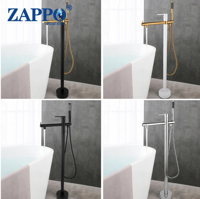 

ZAPPO Black Floorstanding Bathtub Faucet Set Ceramic Handle Floor Mounted Claw Foot Bath Tub Mixers Swive Spout BrassTub Faucet