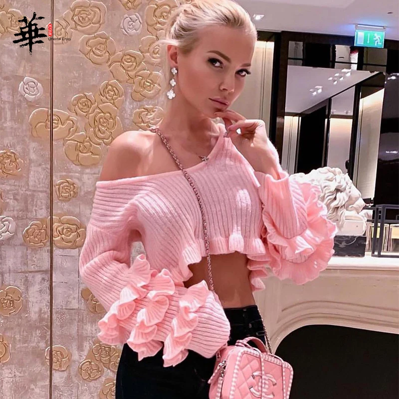 Кроп-топ женский розовый пуловер джемперы милые топы укороченный свитер с