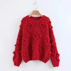 Красный Withered sweaters women fashion blogger vintage hand knitted o-neck oversize love Jacquard weave thick pullovers sweaters women - Цвет: Красный
