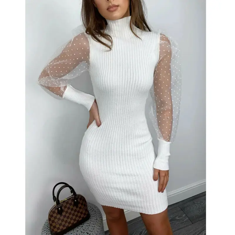 Женское Сетчатое прозрачное пышное платье в горошек с рукавами женское вечернее