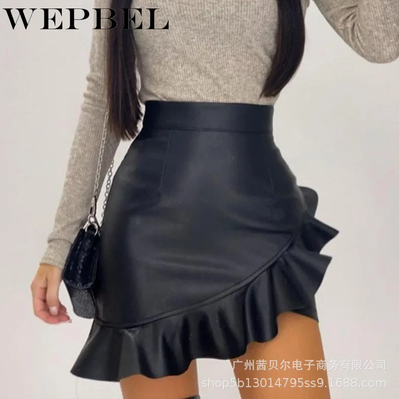 

WEPBEL Women Elegant Artificial Leather PU Ruffles Irregular Pencil Skirt Ladies High Waist Slim Fit Bodycon Skirt