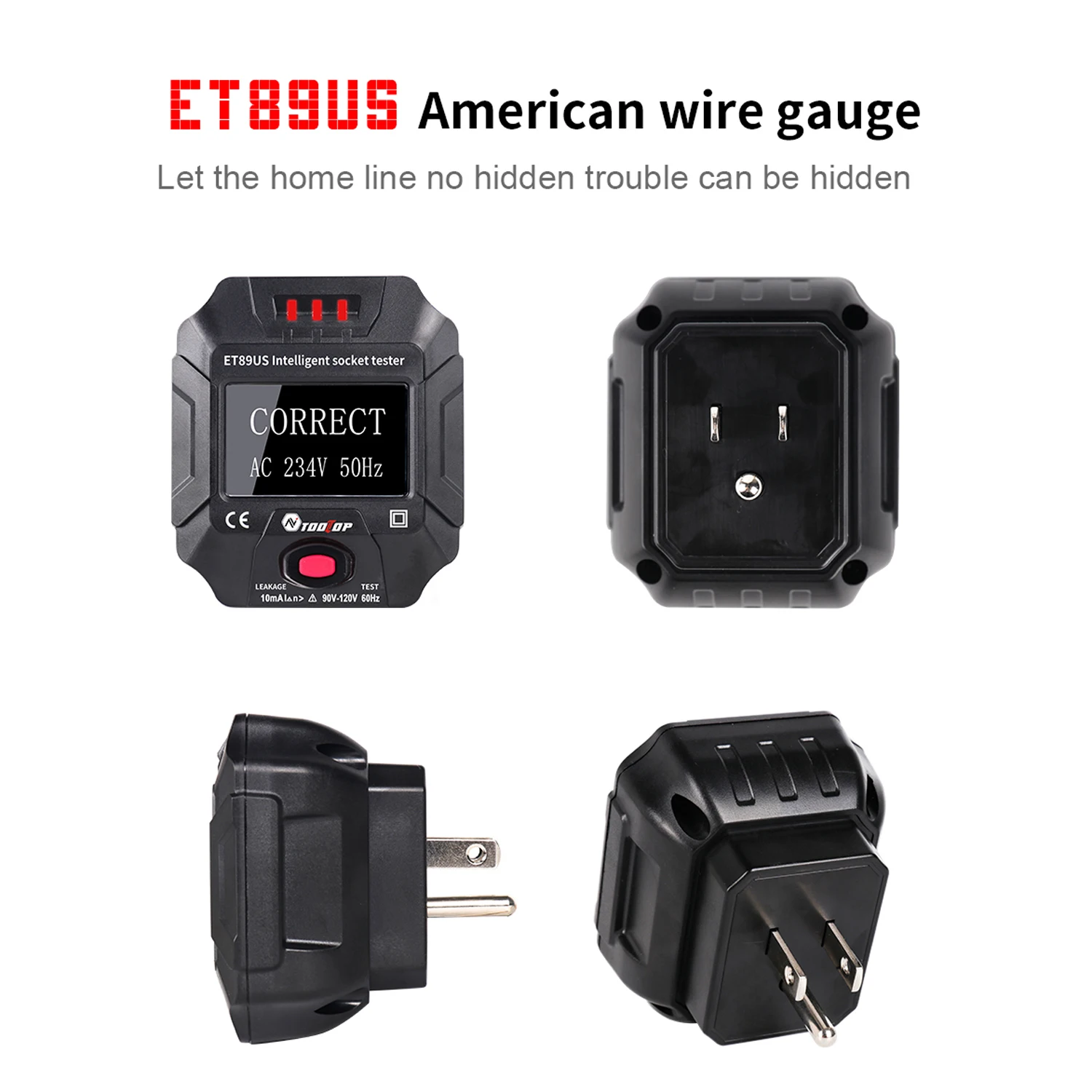 Интеллектуальный портативный детектор розеток TOOLTOP ET89 с цифровым дисплеем