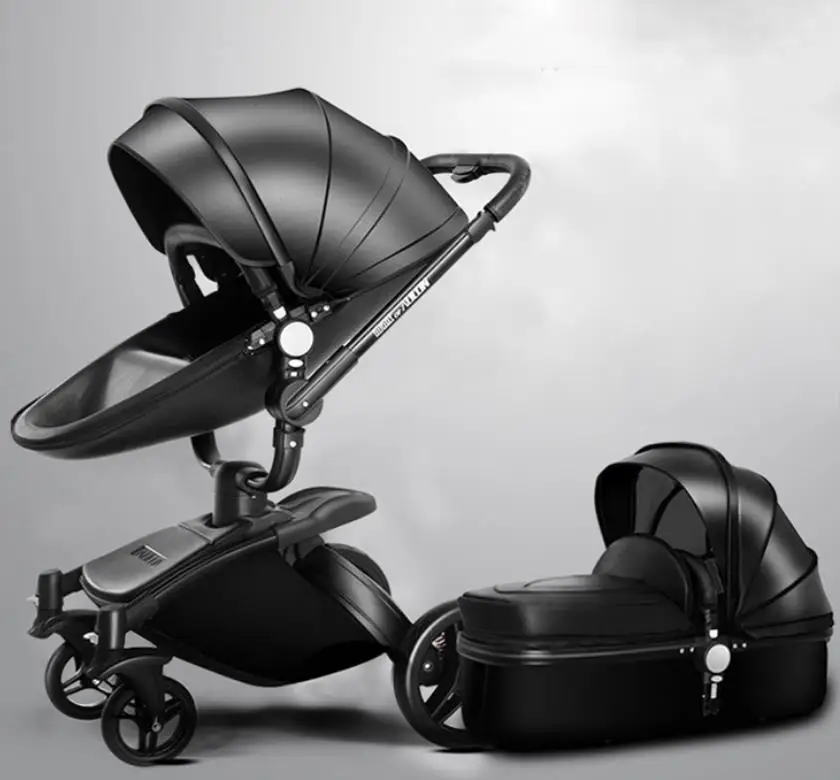 Black two in one PU детская коляска прогулочная коляска сложенная детская коляска 3 в 1 коляска для 0-36 месяцев детская тележка - Цвет: Black two in one