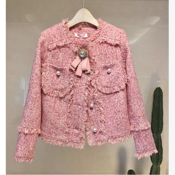 Женское шерстяное пальто стильное модное однобортное твидовое с бахромой