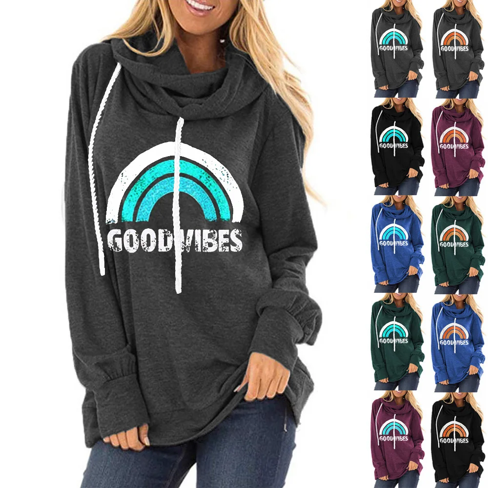 

Толстовка с капюшоном на шнурке, свитер с радужным принтом, свободная футболка с круглым вырезом и длинным рукавом, свитшот с надписью для ж...