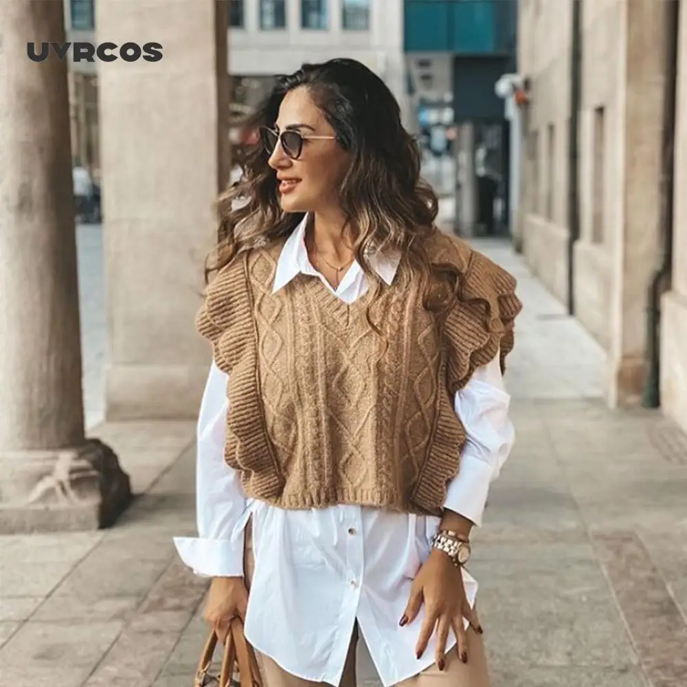

UVRCOS Vintage Fall Winter Women Cable-Knit Vest Sweater V-neck waistcoat Ruffle trim Female Pullover Warm Knitted Tank Tops
