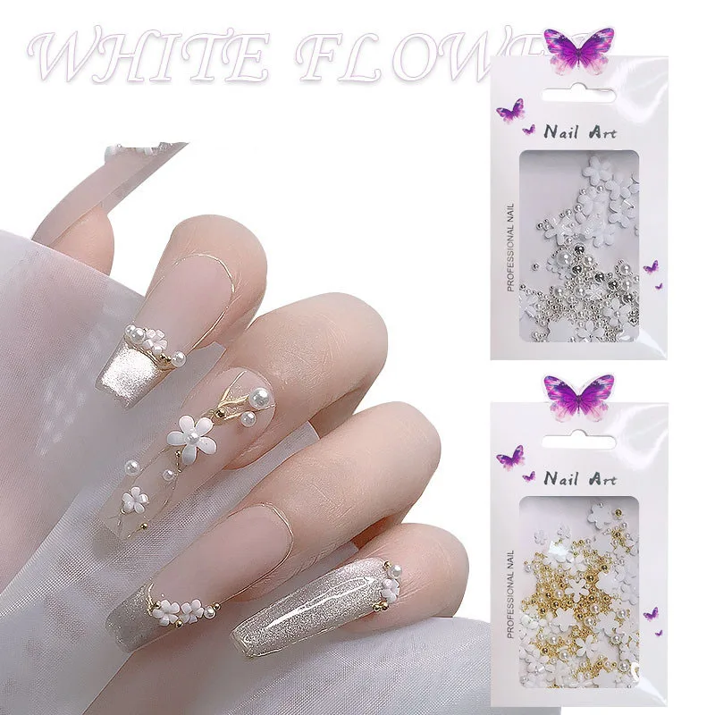 

1Pack Mixed Size White Resin Flower Nail Art Decoration 3D Rhinestones Silver Gem Manicure Tool Accessories For DIY Nail Design