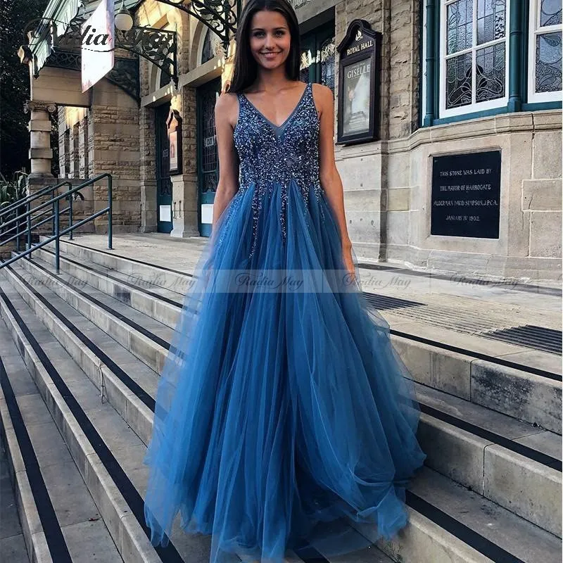 2020 синий отделанный кристаллами Тюль вечернее платье с открытой спиной v