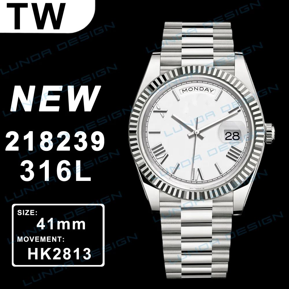 

Men Mechanical Watch 41mm Date 218239 White 316L Steel Bracelet Black Dial A2813 Watch