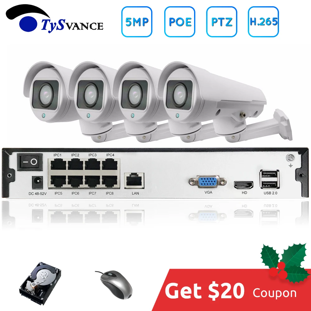 H.265 PTZ 5MP POE 2CH 4CH NVR комплект системы видеонаблюдения ip-камера 2,8-12 мм 4X IP66 наружная защита от атмосферных воздействий 5.0MP видеонаблюдение