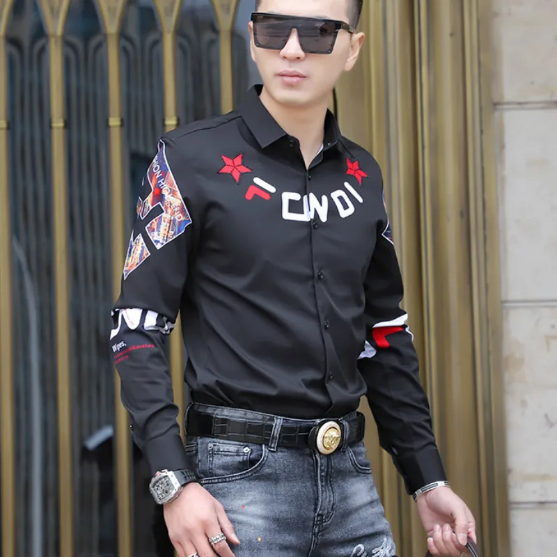 

Letter Printed Camisa Masculina Streetwear Nightclub Men Shirts 2021 New Slim Fit Long Sleeve Casual Shirt Clothes Chemise Homme