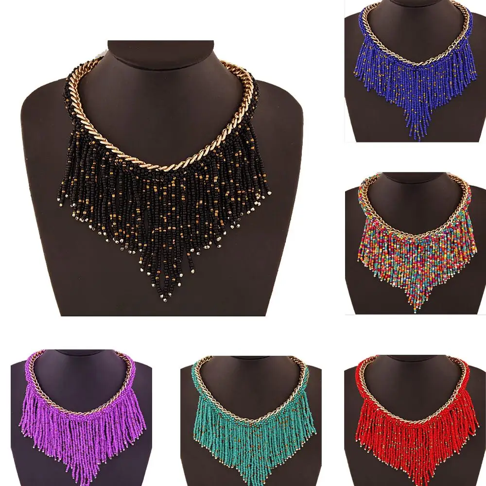 Женское богемное ожерелье длинное колье ручной работы с бусинами и кисточками