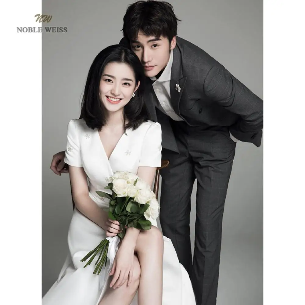 

NOBLE WEISS V-Neck Zipper Back A Line Floor-length Wedding Dresses Satin Bridal Dress With Short Sleeves