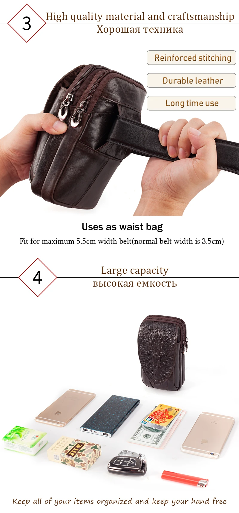 Genuine Leather Men's Waist Fanny Pack Mobile Phone Pouch Soft Cowhide Cross Body Zipper Money Purses Hip Bum Belt Bags For Men