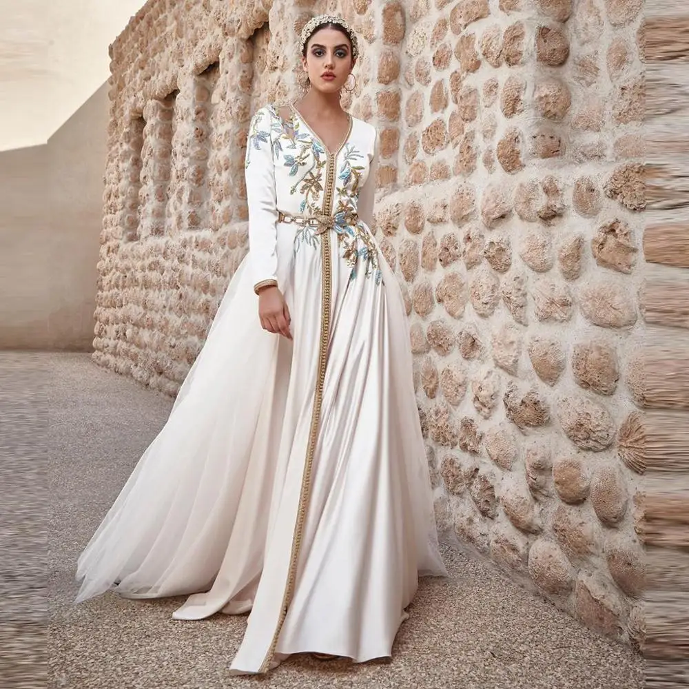 

Muslim Evening Dress Satin Moroccan Kaftan Gold Lace Half Sleeve Saudi Arabic Special Occasion Party Dress Custom Made