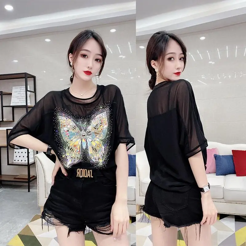 

Summer Style Loose and Thin Butterfly Hot Drill Chiffon Top Women's Foreign Style High-end Blouse