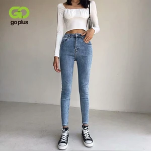 Женские джинсы-карандаш GOPLUS, черные уличные брюки с высокой талией, C10780