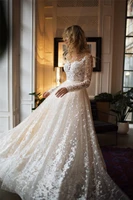 elegant long sleeves lace wedding dress champagne tulle appliques floor length backless bridal gowns vestidos noiva custom made