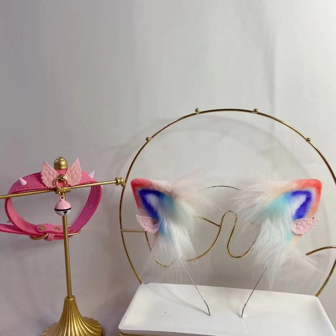 

New Hand Made Work Pink Wing Cat Ears Headwear Hair Hoop Necklace KC Lolita Cosplay Accessories Halloween Prop