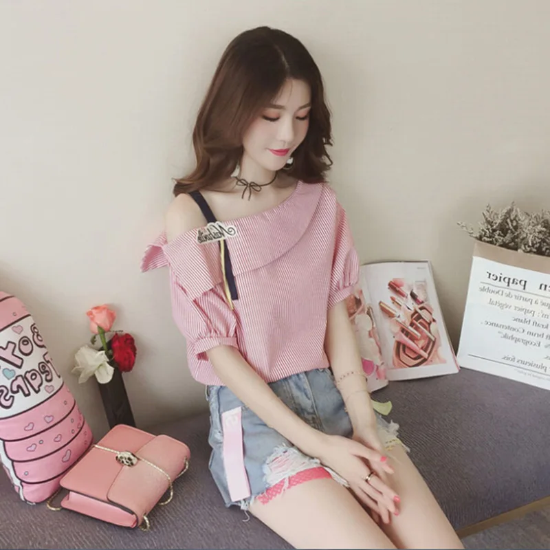 

Women Blouses Appliques Short Sleeve Shirts Tops Sexy Clavicle Exposed Striped Casual Skew Collar Puff Sleeve Blue Camisa