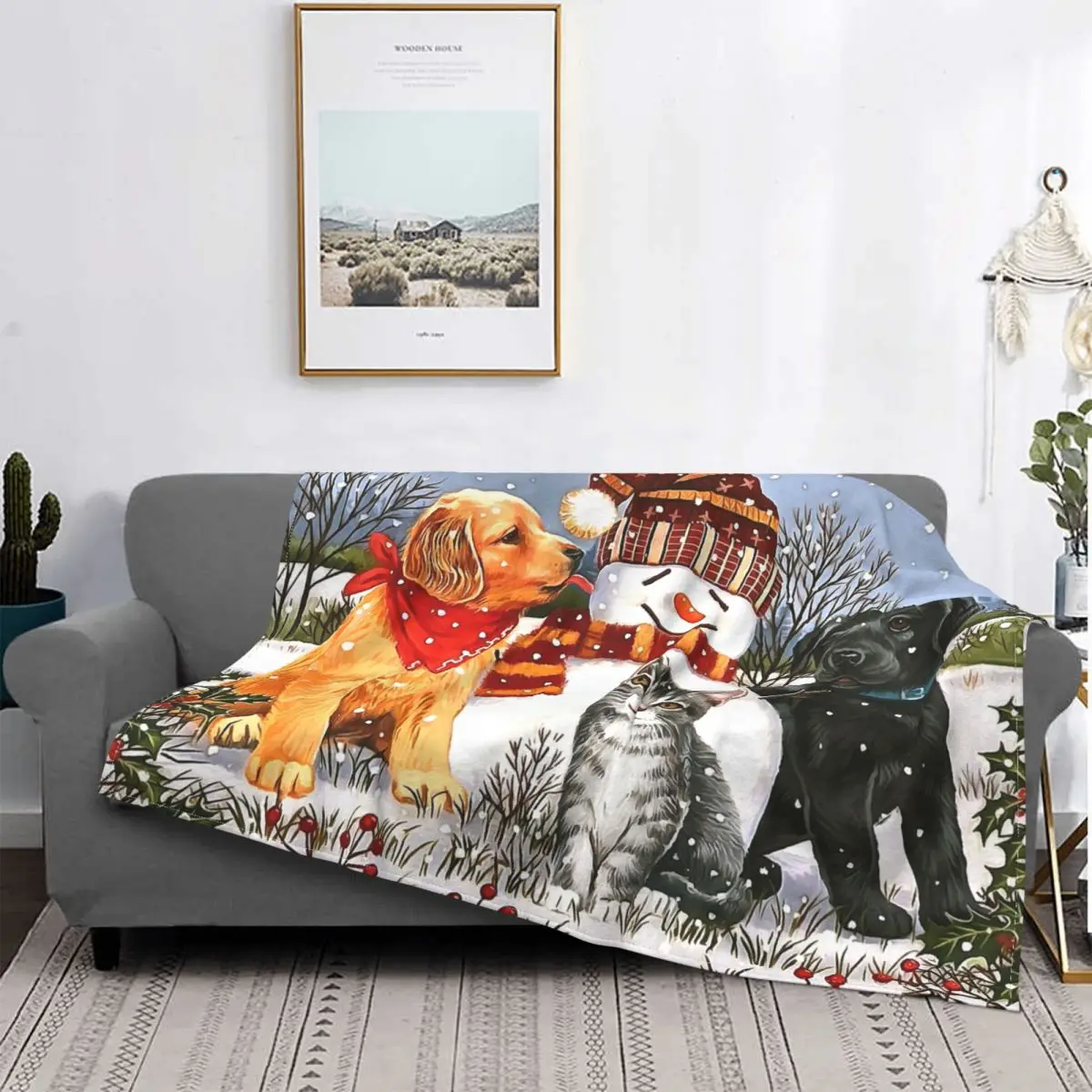 

Dog Cat Snowman Knitted Blankets Flannel Merry Christmas New Year Super Warm Throw Blankets for Airplane Travel Bedspread