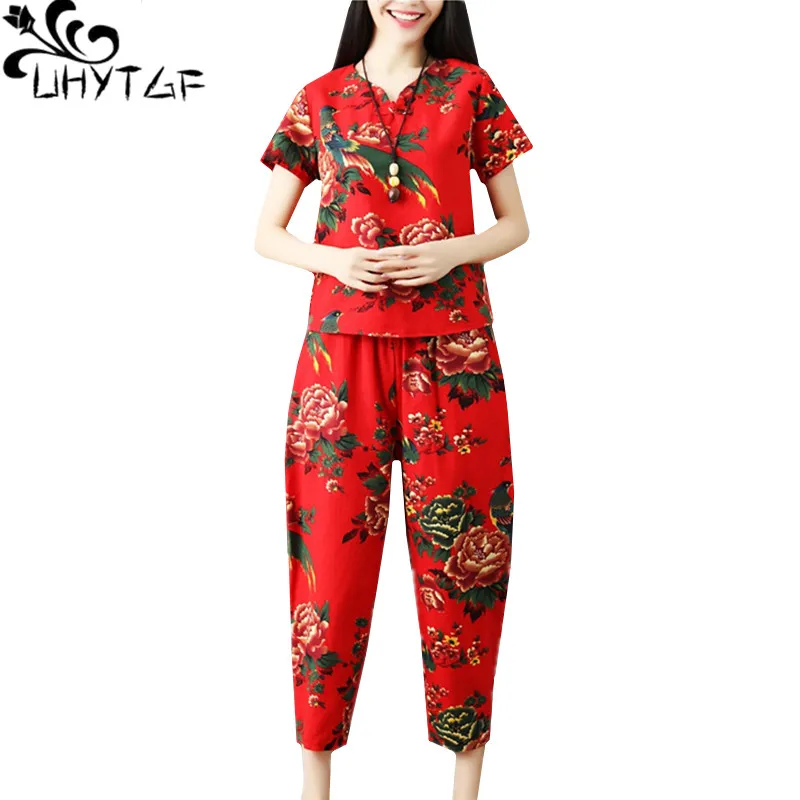 

UHYTGF Casual plus size sets women national style printing summer 2 piece set cotton linen harem pants elegant female suit 1131