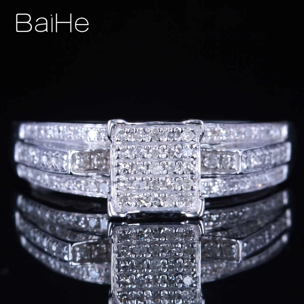 

BAIHE Solid 10K White Gold 0.4CT H/SI Round Natural Diamonds Wedding Gift Man Ring Women Trendy Large group of diamond Ring