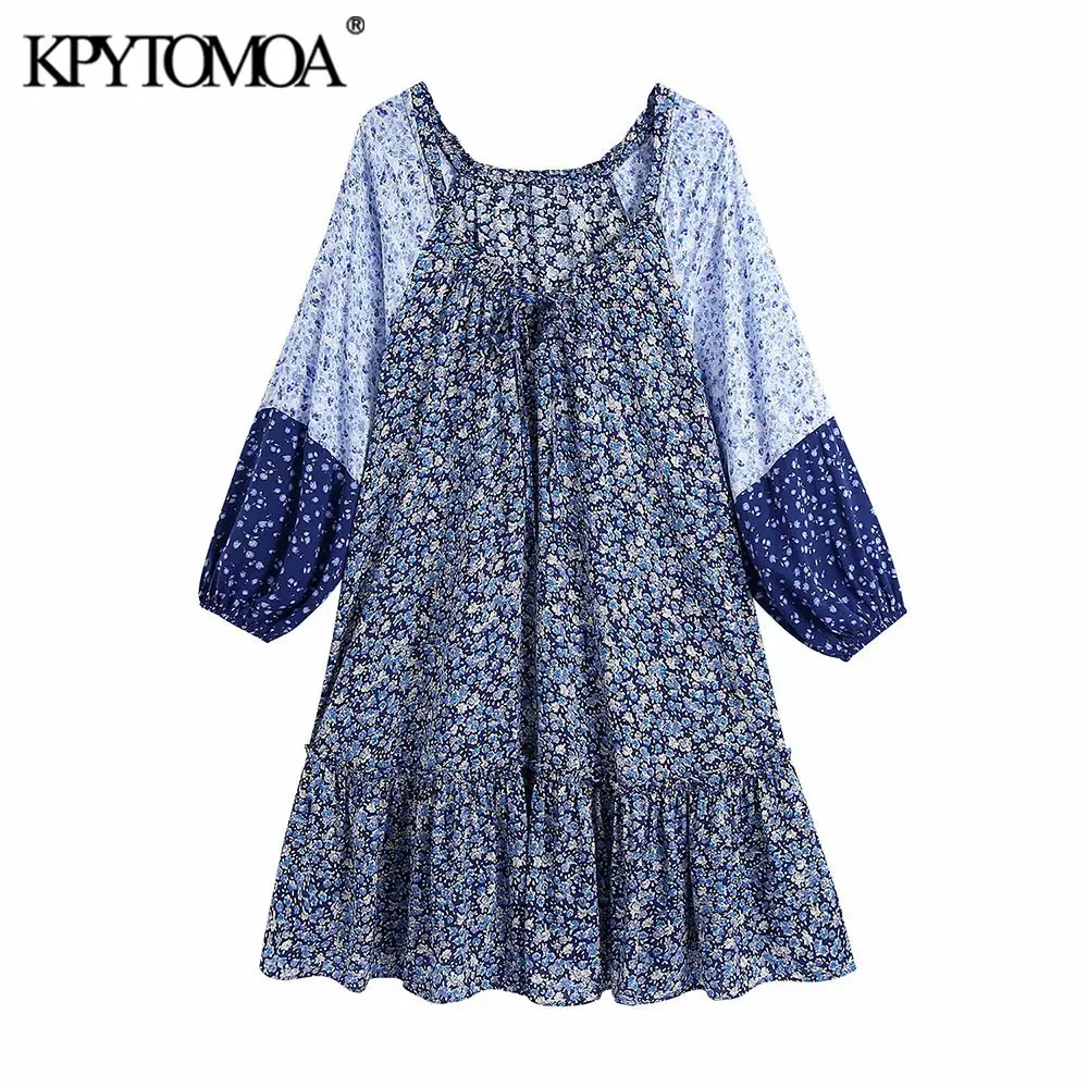 

KPYTOMOA Women 2021 Fashion Floral Print Ruffled Mini Dress Vintage Puff Sleeve With Drawstring Female Dresses Vestidos Mujer