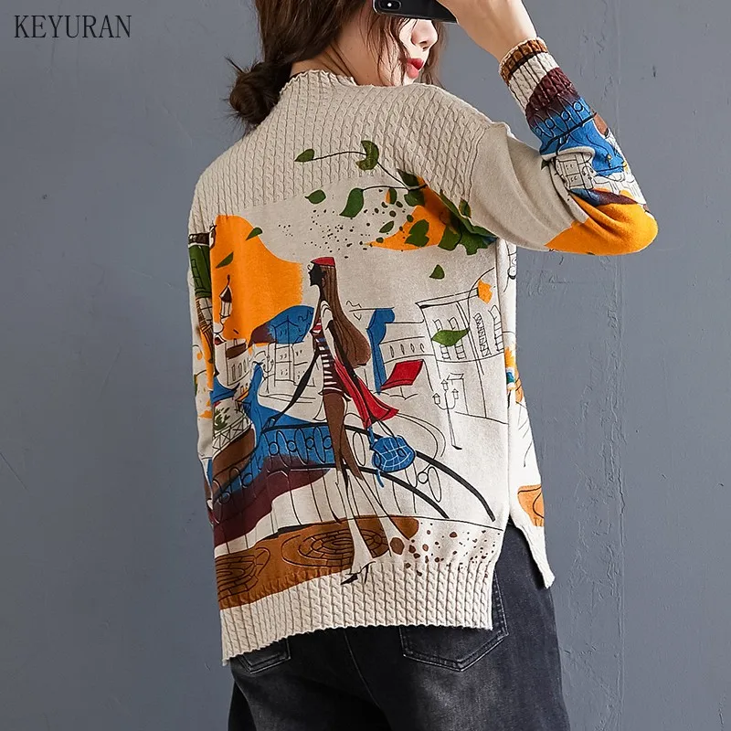 

2021 England Fashion Ladies Winter Knitted Pullovers Womens Casual Printed Sweaters Thick Warm Oversized Jumpers