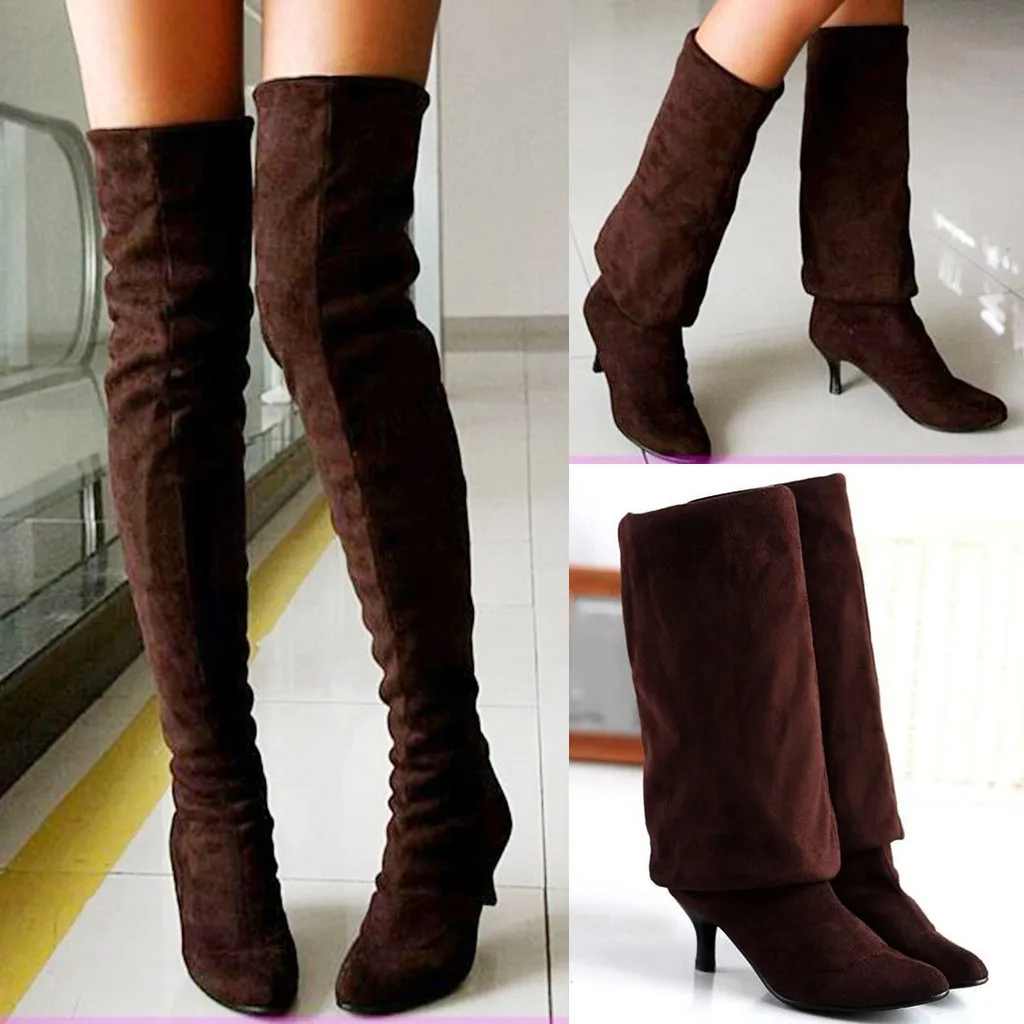 Женские ботфорты с острым носком на высоком каблуке шпильке из флока|Ботфорты| |