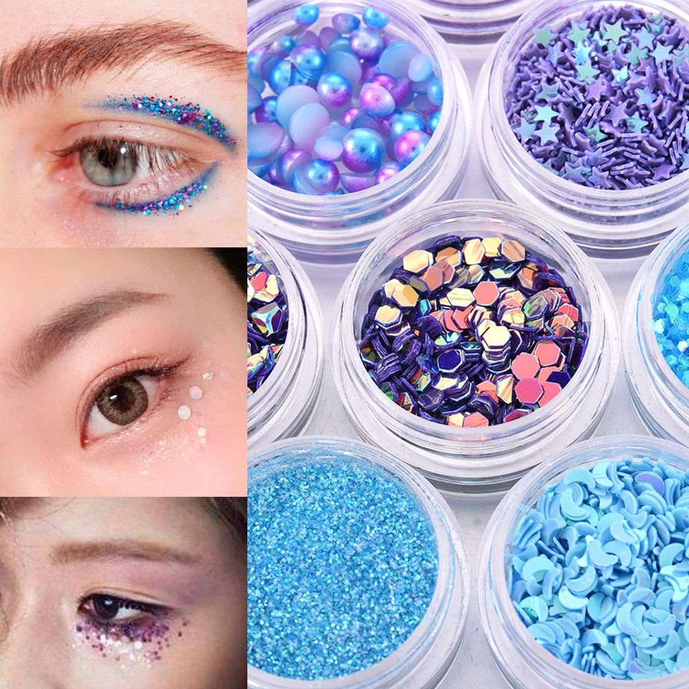 

12 Pots/Set Women Tattoo Pink Purple Diamond Makeup Eyeliner Eyeshadow Face Sticker Jewel Eyes Makeup Crystal Eyes Sticker