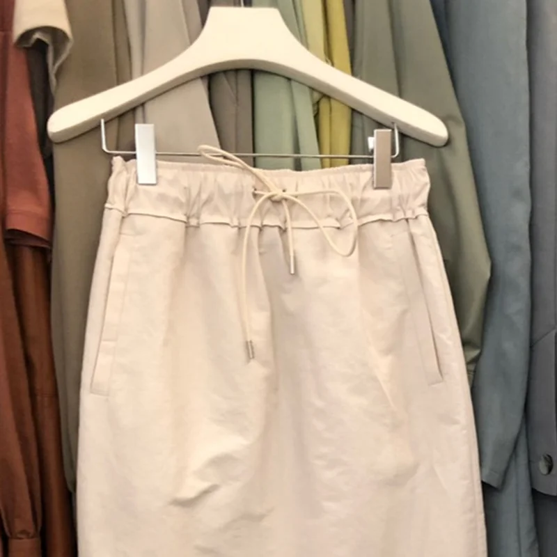 

Summer New Solid Temperament Slim Fit Long Skirt Chic Drawstring Elastic Waist Straight Skirts Women All-match Mujer Faldas