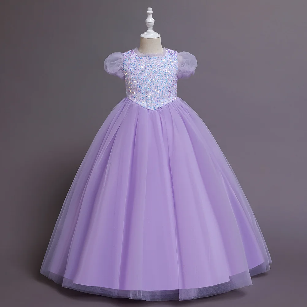 

2021 New Girls Short Mesh Sleeve Sequin Purple Pink Princess Dress Kids Elegant Party Prom Ball Gown Children Costume 4-14 Year
