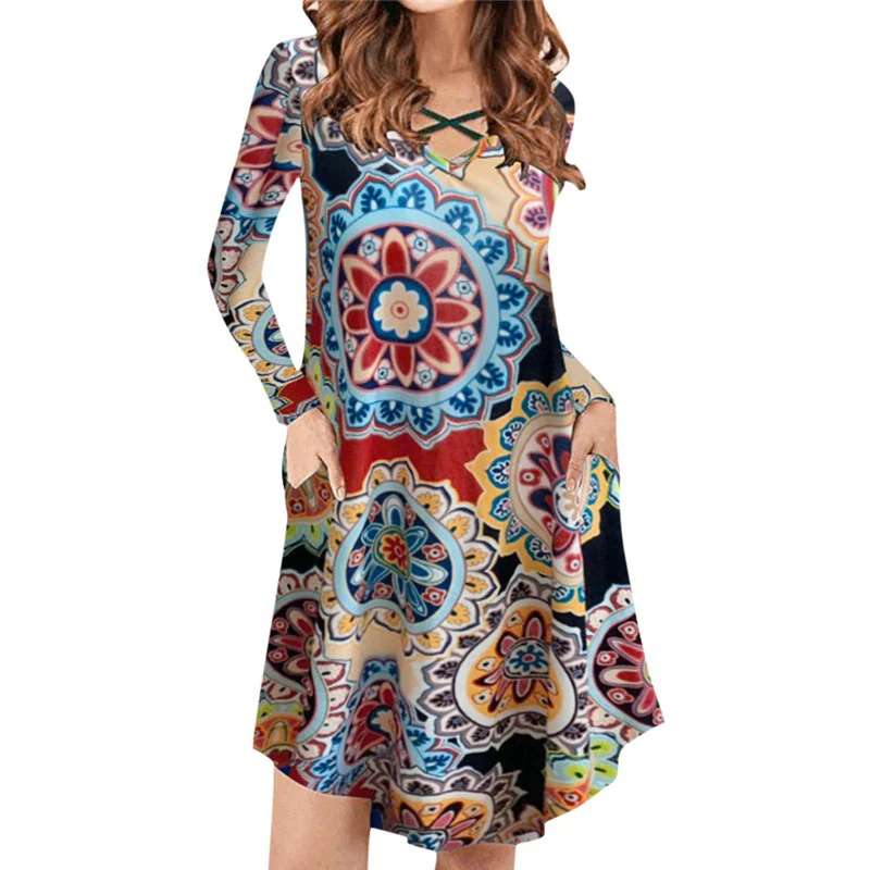 

Women Elegant Dress Autumn Winter Floral Print Long Sleeve V-neck Sexy Evening Party Dresses Casual Vintage Dress Woman Clothes
