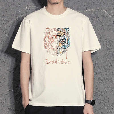 

han Men's tiger head embroidery short-sleeved trend 2021 new summer round neck T-shirt boys half-sleeved