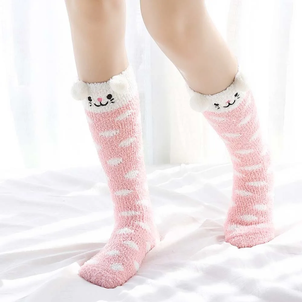 Зимние теплые чулки Kawaii Animal милые женские коралловые бархатные длинные для